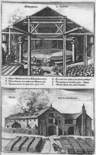 ハルシュタットへのサルツパン。出典：Topographia Provinciarum、1679 作： Caspar Merian