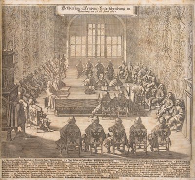 1650 年 6 月 26 日のニュルンベルクでのウェストファリア条約の批准。 作： Caspar Merian