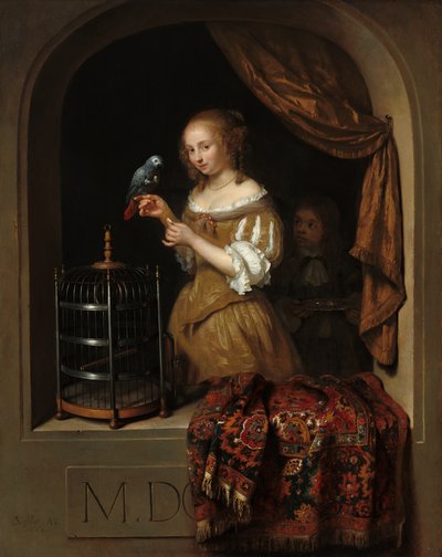 ページを持ってオウムに餌をやる女性 作： Caspar Netscher