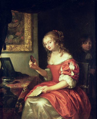 手紙とロケットを持つ若い女性、1667 作： Caspar Netscher