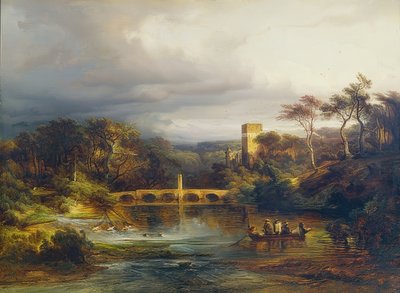 ボート乗りとアーチ橋があるブルクアムヴァルトゼー。 1846 作： Caspar Scheuren