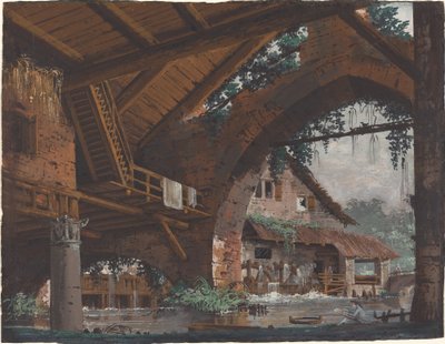 水車小屋のある古代遺跡の建築ファンタジー 作： Caspar Wolf