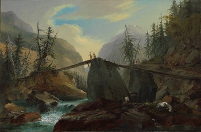 1774 年、グシュタイク近くのリュッツィネ川に架かる木製の歩道橋。 作： Caspar Wolf
