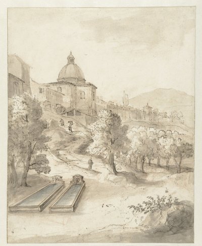 丘の上の街のあるイタリアの風景 作： Caspar van Wittel