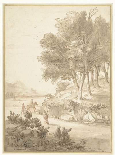 道路沿いの人物と川を背景にしたイタリア風の風景 作： Caspar van Wittel