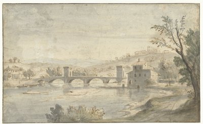 橋のあるイタリア風の川の風景 作： Caspar van Wittel