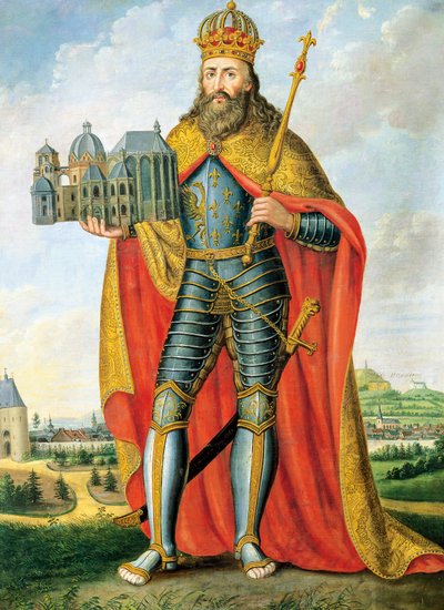 フランク王国とロンバルディア王国の王であり、神聖ローマ帝国の皇帝であったシャルルマーニュ（742年～814年アーヘン）の肖像、パラティーノ礼拝堂の模型を持って立つ、ショイレンの絵 作： Casper Johann Nepomuk Scheuren
