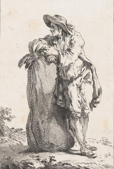 穀物の袋に寄りかかる農民、1758年。 作： Catherine Francoise Beauvarlet
