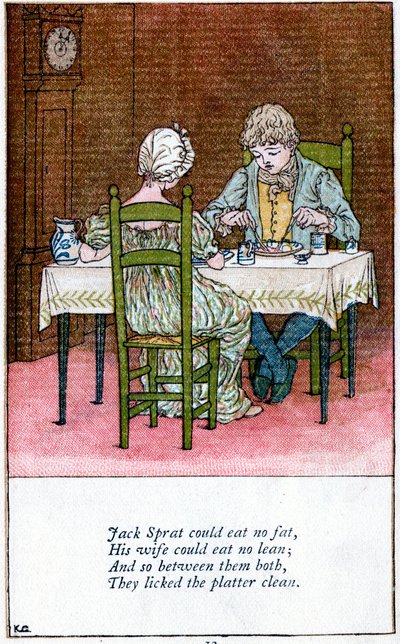 「ジャック・スプラットは脂肪を食べられない」のイラスト、ケイト・グリーナウェイ 1846-1901 作： Catherine Greenaway
