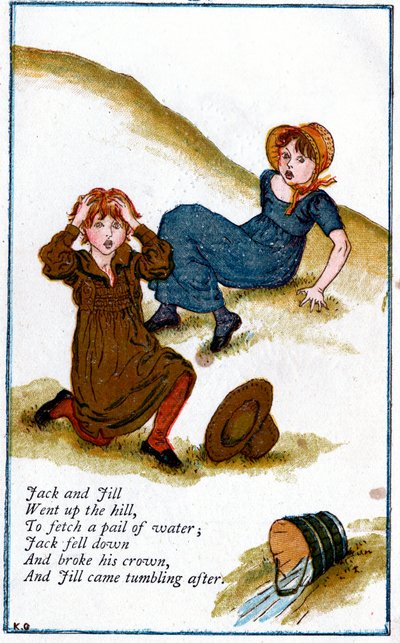「ジャックとジルは丘を登った」のイラスト、ケイト・グリーナウェイ 1846-1901 作： Catherine Greenaway