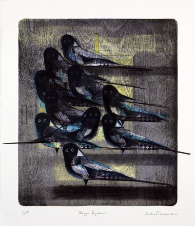 Magpie Rhythm, 2016（手彩色によるモクリト・リトグラフ） 作： Cathie Pilkington