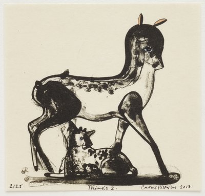 Thinks 2, 2013（リトグラフ、手彩色） 作： Cathie Pilkington