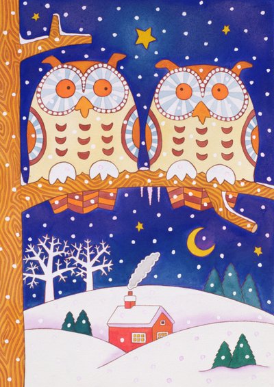 枝に2つのフクロウ（トイレ） 作： Cathy Baxter
