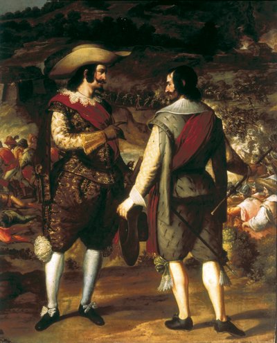 プエルトリコ(プエルトリコ)のサンファンの攻略(1625年)。詳細。手前では、ドン・ファン・デ・ハロがアシスタントと話している。彼の後ろには、オランダ人を退去させるスペイン人が守る要塞がある。エウジェニオ・カクセスまたはカヘス（1577-1634）による絵画 作： Caxesi or Caxete Eugenio Caxes