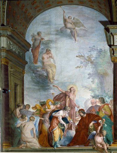 ロレンツォ・デ・メディチ・イル・マニフィコ（ローラン・デ・メディチ・ル・マニフィコ）（1449-1492）の功績を称える「ラ・レノミー」 1635年頃のチェッコ・ブラーヴォ（フランチェスコ・モンテラティチ）（1607-1661）によるフレスコ画 フィレンツェ、ピッティ宮殿、サラ・デッリ・アルジェンティ 作： Cecco  Bravo