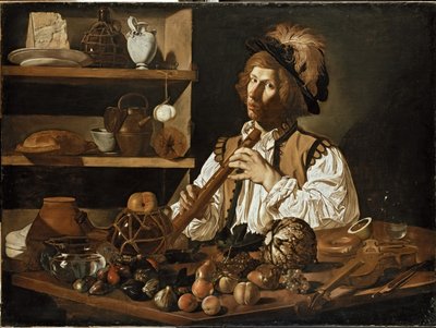 静物とレコーダーを持った若い男のインテリア、17世紀 作： Cecco de Caravaggio