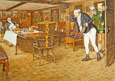 テーブルにはタプマン氏が座り、この世を去った人とは思えないような表情をしていた。 作： Cecil Charles Windsor Aldin