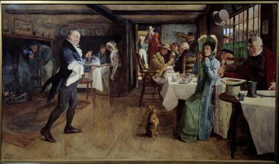 宿屋の朝食。セシル・アルディン（1870 - 1935）の絵画 Ec.Ang. 作： Cecil Charles Windsor Aldin
