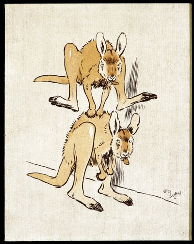 コミックカンガルー。2匹のカンガルーが羊跳びをしています。 作： Cecil Charles Windsor Aldin
