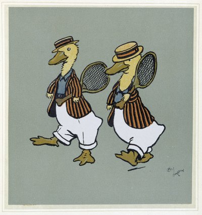 Deux ducks en suit de tennis（Deux ducks en suit de tennis）-『Merry Party』（Cécil Aldin 画、Hodder & Stoughton 編、ロンドン）の中で。 作： Cecil Charles Windsor Aldin