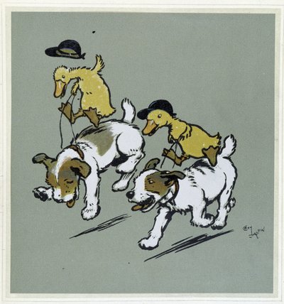 アヒルが犬に「馬乗り」している様子-「メリーパーティー」（セシル・アルダン作）（Hodder & Stoughton社、ロンドン 作： Cecil Charles Windsor Aldin