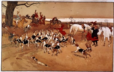 狩猟のシーンは、射撃。イギリスのセシル・アルディン（1870年〜）の版画。Coll.部分 作： Cecil Charles Windsor Aldin