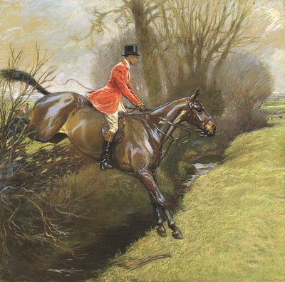 テッド・ライオン中佐が生垣を飛び越える（パステル、紙 作： Cecil Charles Windsor Aldin