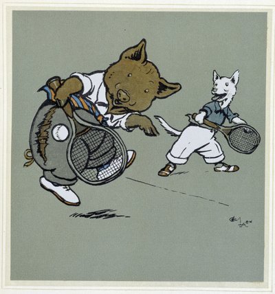 テニスをしているブタとキツネ - 『Merry Party』（Cécil Aldin作、Hodder & Stoughton編、ロンドン）より 作： Cecil Charles Windsor Aldin