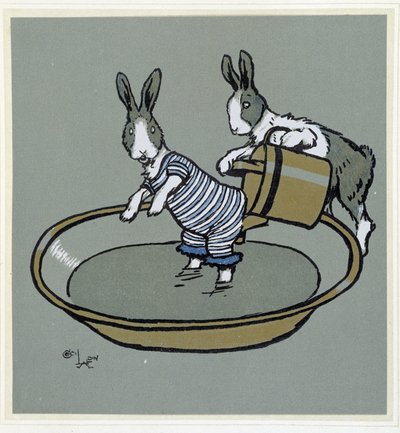 うさぎたちが水を飲んでいる」（『Merry Party』（Cécil Aldin著、Hodder & Stoughton編、ロンドン）より 作： Cecil Charles Windsor Aldin