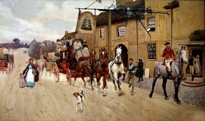 スティルトンの鐘の宿の前で精進を止める セシル・アルディン（1870-1935）の水彩画 19世紀 個人蔵 作： Cecil Charles Windsor Aldin