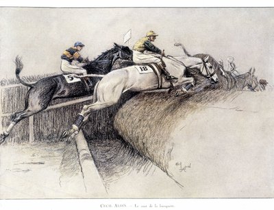 リバプールで開催されたグランドナショナルのスティープルチェイス：ベンチからのジャンプ - セシル・アドリンの絵 作： Cecil Charles Windsor Aldin