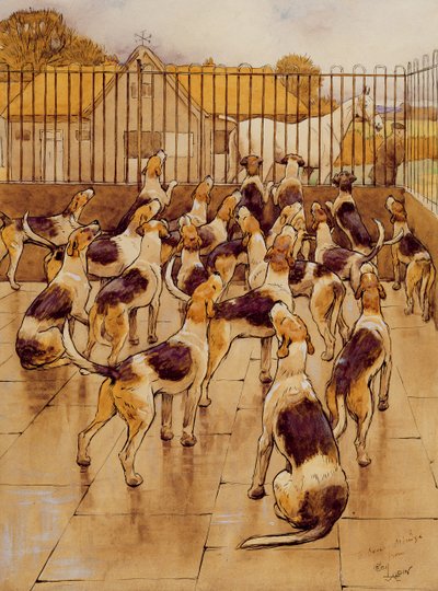 ハウンズは突然コーラス（グラファイト、ペンとインクと紙のトイレ）で吠え始めました 作： Cecil Charles Windsor Aldin