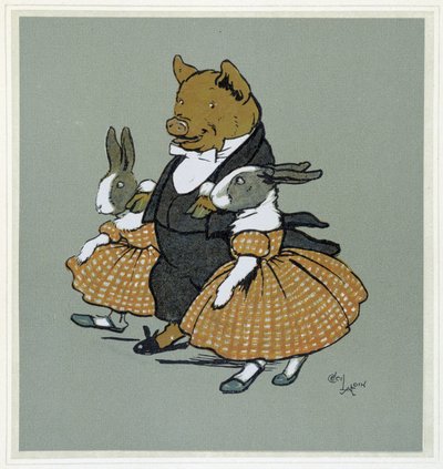 Un pichon avec deux rabins - 『Merry Party』（Cécil Aldin著、Hodder & Stoughton編、ロンドン）に収録。 作： Cecil Charles Windsor Aldin