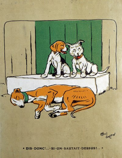 眠っている酵母を起こすのに躊躇している2匹の犬に飛びついてみませんか？セシル・アルディン（1870-1935）の水彩画 19世紀 パリ 装飾美術 作： Cecil Charles Windsor Aldin