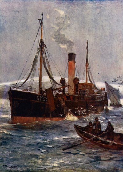 アイスランドの蒸気トロール船、1910年頃（カラーリトグラフ 作： Cecil King