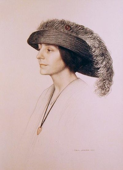 羽根付きの帽子をかぶった若い女性 作： Cecil Stuart Jameson