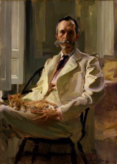 猫のヘンリー・スタージス・ドリンカーを連れた男、1898年。 作： Cecilia Beaux