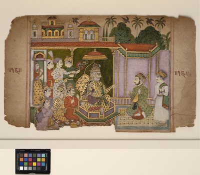 音楽家の話を聞く王と廷臣たち、1750年頃（不透明水彩、金、紙 作： Central Indian School