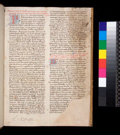 Ms.148グレゴリー大王『イタリア語によるダイアローグ』ドメニコ・カヴァルカ訳 f.1r 赤色で[P]と[D]の文字が装飾され、青色でペンワークの装飾が施されている。 作： Central Italian School