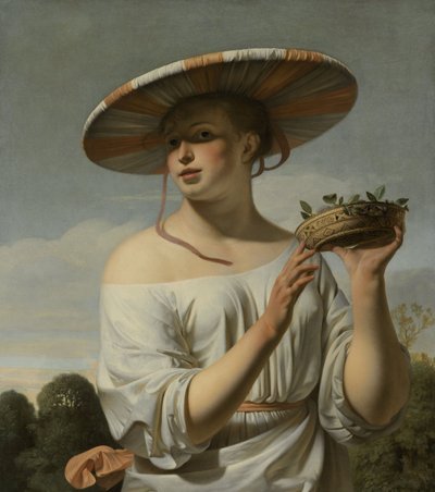 大きな帽子をかぶった少女、c.1645-50（帆布に油彩） 作： Cesar Boetius van Everdingen