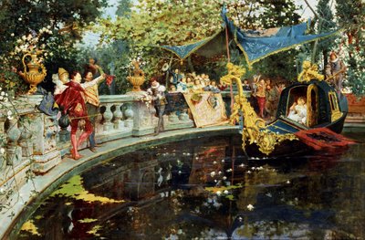 セーザレの出発。イングランド宮廷での娯楽：盆地での船旅。アゴスティーノ・デッティ画（1847-1914 イタリア） 個人蔵 作： Cesare-Auguste Detti