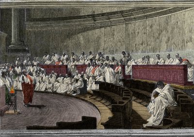 Ciceron denounces the conspirator Catilina (Lucius Sergius Catilina) (108-62 BC) on 8 November 63 BC, The scene deroule in Rome in the Senate, engraved after the fresco made between 1882 and 1888 by Cesare Maccari (1840-1919).ローマ パラッツォ・マダマ。 作： Cesare (after) Maccari