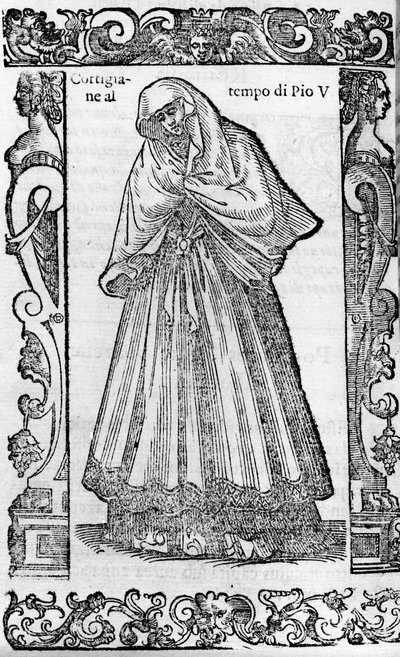 ルネッサンス：教皇ピウス5世（1566-1572）の時代の宮廷女官。チェーザレ・ヴェチェッリオ著「近代および古代の衣装」より抜粋 作： Cesare (attr. to) Vecellio