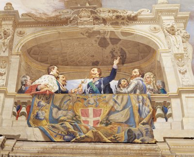 チェーザレ・マリアーニ（1826-1901）によるフレスコ画「イタリアの寓意」の詳細、ローマの財政宮殿「多数派の広間」の天井。イタリア 作： Cesare Mariani