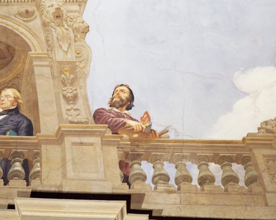 チェーザレ・マリアーニ（1826-1901）のフレスコ画「イタリアのアレゴリー」の詳細、ローマの財政宮殿「多数派の広間」の天井に描かれています。イタリア 作： Cesare Mariani