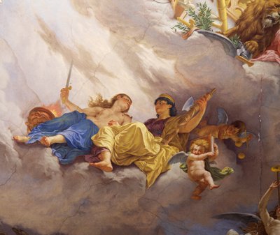 チェーザレ・マリアーニ（1826-1901）によるフレスコ画「イタリアの寓意」の詳細、ローマの財政宮殿「多数派の広間」の天井。イタリア 作： Cesare Mariani