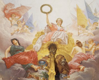 チェーザレ・マリアーニ（1826-1901）のフレスコ画「イタリアのアレゴリー」の詳細、ローマの財政宮殿「多数派の広間」の天井に描かれています。イタリア 作： Cesare Mariani