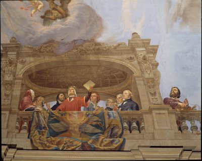 チェーザレ・マリアーニ（1826-1901）のフレスコ画「イタリアのアレゴリー」の詳細、ローマの財政宮殿「多数派の広間」の天井に描かれています。イタリア 作： Cesare Mariani