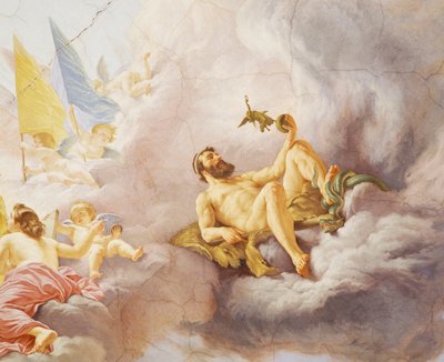 チェーザレ・マリアーニ（1826-1901）によるフレスコ画「イタリアの寓意」の詳細、ローマの財政宮殿「多数派の広間」の天井。イタリア 作： Cesare Mariani