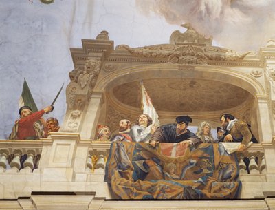 チェーザレ・マリアーニ（1826-1901）によるフレスコ画「イタリアの寓意」の詳細、ローマ大蔵省宮殿の多数派の広間の天井。イタリア 作： Cesare Mariani